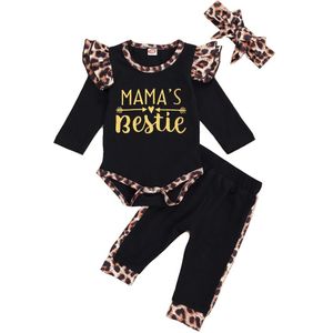 Baby Baby Meisjes Luipaard Patroon Outfits Herfst Brief Print Bodysuit Zwarte Broek Strik Hoofdband 3Pcs Set