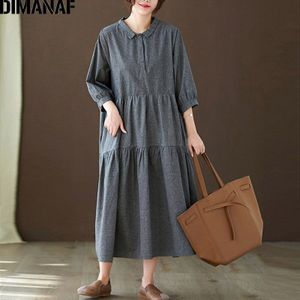 DIMANAF Plus Size Vrouwen Jurk Herfst Vintage Toevallige Losse Geplooide A-lijn Lady Vestidos Katoen Maxi Jurk Vrouwelijke Kleding