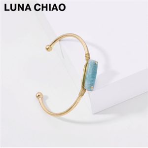 Luna Chiao Vintage Gedragen Gold Rechthoek Natuursteen Metalen Manchet Bangle Armband Voor Vrouwen
