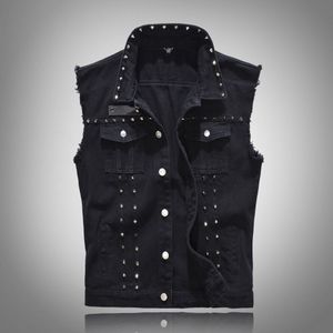 Big Size 5XL Chubby Klassieke Denim Vest Mannen Slim Fit Mouwloze Jean Jacket Vesten Zwart Vest Voor Mannen Metalen klinknagel Pocket