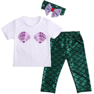 Zomer 3 stks Baby Meisjes Shell T-shirt Top + Mermaid Leggings + Head Band Outfits Kleding Babies Meisje Cartoon kostuum kleding