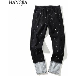 Streetwear Slim Fit Jeans Heren Splash Inkt Gedrukt Jeans Broek Patchwork Dark Black Straight Tie-Dye Jeans Voor mannen