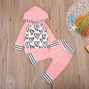 Leuke Pasgeboren Kids Baby Meisje Kleding Warm Roze Liefde Gedrukt Hooded T-shirt Tops + Gestreepte Broek Outfits Set