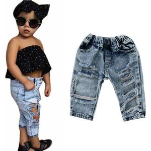 Emmababy Peuter Kids Kind Meisjes Mode Denim Broek Stretch Elastische Broek Jeans Gescheurd Gat Kleding Baby Meisje 1-5T
