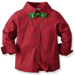 Nieuwjaar Kids Jongens Lange Mouwen Shirt Baby Katoen Kinderen Wijn Rode Kleding Lente Herfst Party Bowtie Kleding Tops met Tie