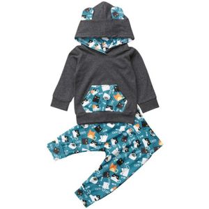 Leuke Pasgeboren Baby Jongens Meisjes Kleding Hooded Sweatshirt Kat Print Broek 2 stuks Outfit Katoenen Baby Trainingspak Set