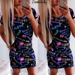 Mode Vrouwen Dames Bodycon Korte Mouw O Neck Brief Gedrukt Party Club Zomer Korte Mini Jurk