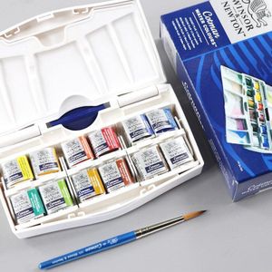 Winsor & Newton 12 Kleuren Cotman Effen Aquarel Pigment Geavanceerde Portable Set 12 Half Pannen En Een Borstel Pen