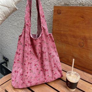 Lente Rose Bloem Schoudertas Eenvoudige Corduroy Student Tas Boodschappentas Voor Vrouwen Canvas Tote