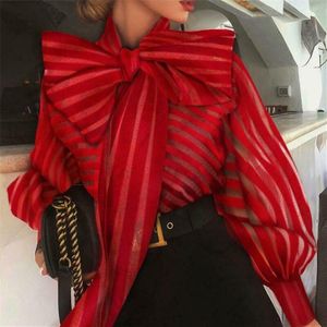 Vrouwen Mesh Sheer Gestreepte Blouse See-through Lange Mouwen Top Overhemd Mode Elegante Grote Strik Zwart Rood Shirt Vrouwelijke blusas