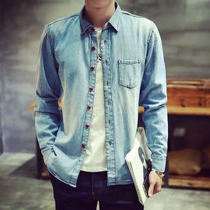 Mannen Shirts Met Lange Mouwen Lente Herfst Mannen Lichtblauw Denim Shirts Goede Katoen Jean Overhemden Effen Denim shirts