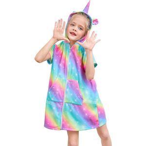 Fioday Handdoek Badjassen voor Meisjes Wit en Regenboog Print Rits Hoodies Jurk voor Beachwear Kids Beach Cover-ups