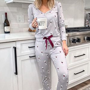 Vrouwen Gedrukt Pyjama Twee Stukken Pakken Lange Mouw Tops &amp; Potlood Broek Kerst Casual Home Kleding Dames Mode Nachtkleding