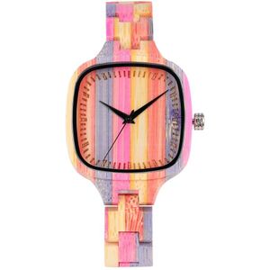 Unieke Kleurrijke Houten Horloge vrouwen Horloge Mode Kleur Stiksels Bamboe Houten Quartz Top Luxe Horloges voor Dames Meisjes