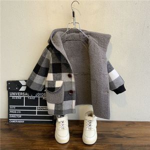 90-140Cm Kids Jongens Wollen Katoen Plaid Fleece Kasjmier Jassen Winter Herfst Kinderen Hooded Single Button Uitloper