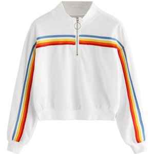 Vrouwen Mode Regenboog Rits Top Gestreepte Trui Casual Vrouwen Sweatshirt Splicing Top