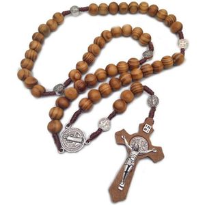 Eenvoudige Handgemaakte Ronde Bead Katholieke Rozenkrans Kruis Religieuze Bruin Hout Kralen Mens Rozenkrans Ketting
