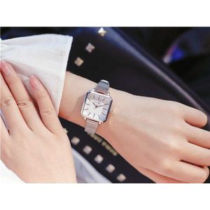 Ulzzang Vintage Vierkante Lederen Vrouwen Horloges Dames Zilver Quartz Horloges Vrouwelijke Rvs Mesh Armband Horloge Klok