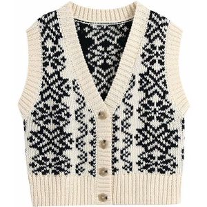 Vuwwyv Za Witte Print Button Vest Gebreide Cropped Vest Truien Voor Vrouwen Herfst Geribde Bekleding Trui Vest Vrouwelijke