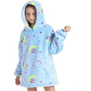 Kinderen Homewear Regenboog Eenhoorn Oversized Hoodie Sweatshirt Outdoor Pluche Fleece Sherpa Deken Meisje Nachtkleding Height120-160cm
