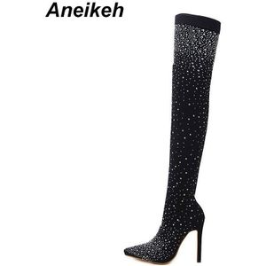 Aneikeh Bling Bling Crystal Over De Knie Slim Fit Lange Laarzen Glinsterende Dunne Hoge Hak Dij Hoge Laarzen jurk Schoenen