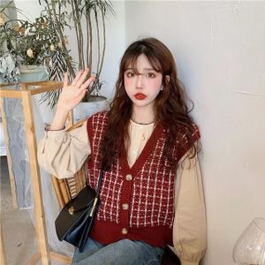 Vrouwen Sets Twee Stukken Enkele Breasted Puff Mouwen Solid Button Shirt Losse V-hals Plaid Vest Zoete Studenten Ulzzang Uitloper ins