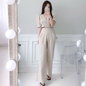 H Han Koningin Bezetting 2 Stuk Suits Vrouwen Zomer Elegante V-hals Korte Crop Top &amp; Eenvoudige Knop lange Broek Ol Werk Set