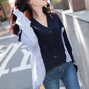 Herfst Winter Trui Patchwork Blouse Vrouwen Breien Vest Button V-hals Casual Womens Onregelmatigheid Shirt Katoen Tops T08702L