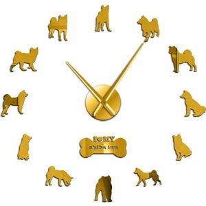 3D Japanse Shiba Inu Hond Decoratieve Stille Wandklok Shiba Ken Hond Ras Frameloze Grote Horloge Met Diy Arylic Spiegel stickers