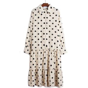 [Eam] Vrouwen Dot Print Button Geplooid Chiffon Jurk Revers Hals Lange Mouwen Loose Fit Mode Tij Lente herfst 1B024