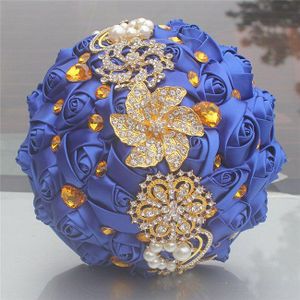 Koningsblauw Kunstmatige Rose Bruidsboeket Bruiloft Lint Gold Diamond Silver Diamant Parel Decoratie Bruid Bruiloft Boeket