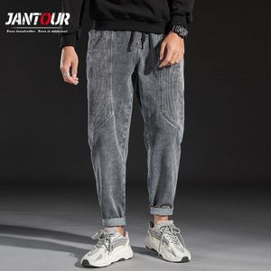 Grijs Patchwork Jeans 2022 Winter Corduroy Spliced Potlood Harembroek Trekkoord Elastische Katoen Mannelijke Broek Maat 38