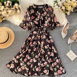 YuooMuoo Women Chiffon Dress Summer Flower Drawstring Flare Sleeve Dress Ladies Bohemian High Waist Midi Dress