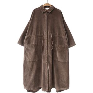 Herfst Winter Vrouwelijke Literatuur Kunst Retro Losse Grote Size Mid-Lange Corduroy Trekkoord Trenchcoat Vrouwen Overjassen X876