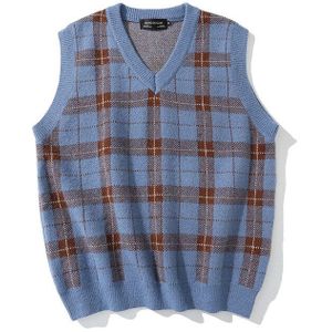 Vintage Plaid Gebreide Trui Mannen 95% Katoen V-hals Mouwloze Truien Japan En Koreaanse Kleding Bruin Knit Vest Jumpers L