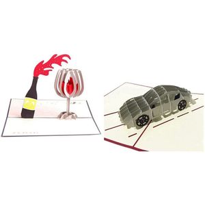 2 Stuks Handgemaakte 3D -Up Verjaardagskaarten Creatieve Wenskaarten, Rode Wijn & Sport Auto