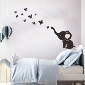 Zwarte Baby olifant en vlinder Muur Sticker voor kids babykamer home decoratie Muurschildering Decals behang Cartoon dier stickers