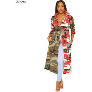 Winter Herfst vrouwen Notched Trenchcoat Camouflage Patchwork Sjerpen Lange Mouw Lange Jas Geul Zakken GLAC8137