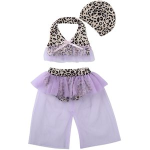 Baby Meisje Paars Mesh Patchwork Leopard Gedrukt Bikini Sets Met Hoed Kids Summer Beach Twee Stukken Badpak Badmode Badpak