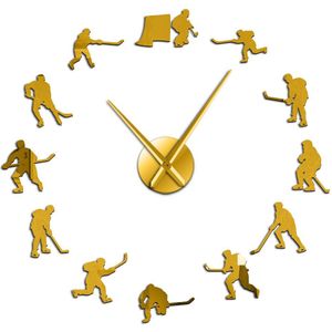 Hockey Muur Opknoping Sport Wall Art Stickers Diy Grote Wandklok Ijshockey Spelers Home Decor Frameless Muur Horloge voor Man