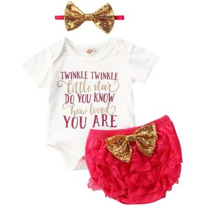 Baby Meisje 3Pcs Kleding Set Brief Print Korte Mouw Brief Bodysuit + Sequin Bow Lace Shorts + Hoofdband Outfit