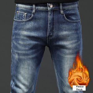 Shan Bao Heren Trendy Slim Jeans Classic Leer Kleding Winter Fleece Dikke Comfortabele Warm Denim Jeans Blauw