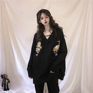 Zwarte Chinese Shirt Harakuju Baggy Kleding Voor Vrouwen Borduurwerk Japanse Streetwear Vrouwen Hip Hop Trui Aziatische Kleding 10081