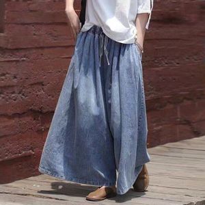 Zomer Vrouwen Cropped Wide-Leg Jeans Hoge Taille Literatuur Art Dunne Trekkoord Losse Grote Maat Straight broek Vrouwelijke