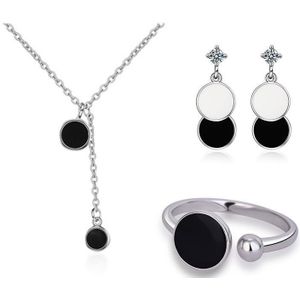Anenjery Zilveren Kleur Eenvoudige Epoxy Zwarte Ronde Wafer Ketting + Oorbellen + Ring Voor Vrouwen Sieraden Sets Koreaanse Sieraden