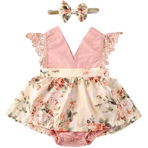 0-24M Pasgeboren Baby Meisjes Romper Bloemen Mouwloze Kant Roze V-hals Prinses Jumpsuits Bodysuit + Hoofdband