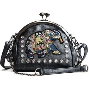 Borduurwerk Olifant Tas Lock Shell Tassen Pu Leather Chain Vrouwen Schoudertas Crossbody Bag 48 Pcs Insert Diamanten Vrouwen Handtassen