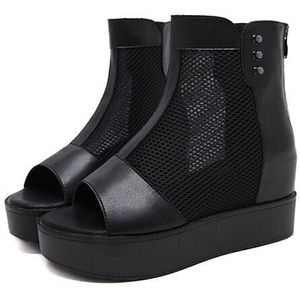 Gdgydh Open Teen Enkel Hoge Hakken Platform Laarzen Vrouwen Zwart Lederen Dames Zomer Schoenen Herfst Basic Rits Wig Comfortabele