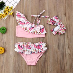 Leuke Peuter Baby Meisjes 3 Stks/set Bikini Badpak Bloemenprint Lace Up Ruffle Top + Bodem + Hoofdband Kids Badmode badpak