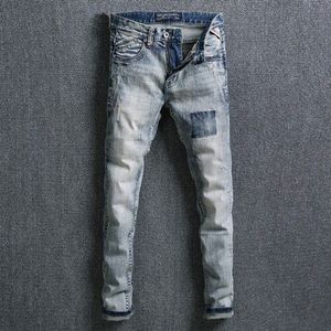 Streetwear Mannen Jeans Slim Fit Licht Blauw Wit Gewassen Ripped Jeans Mannen Vintage Borduren Hip Hop Jeans Broek
